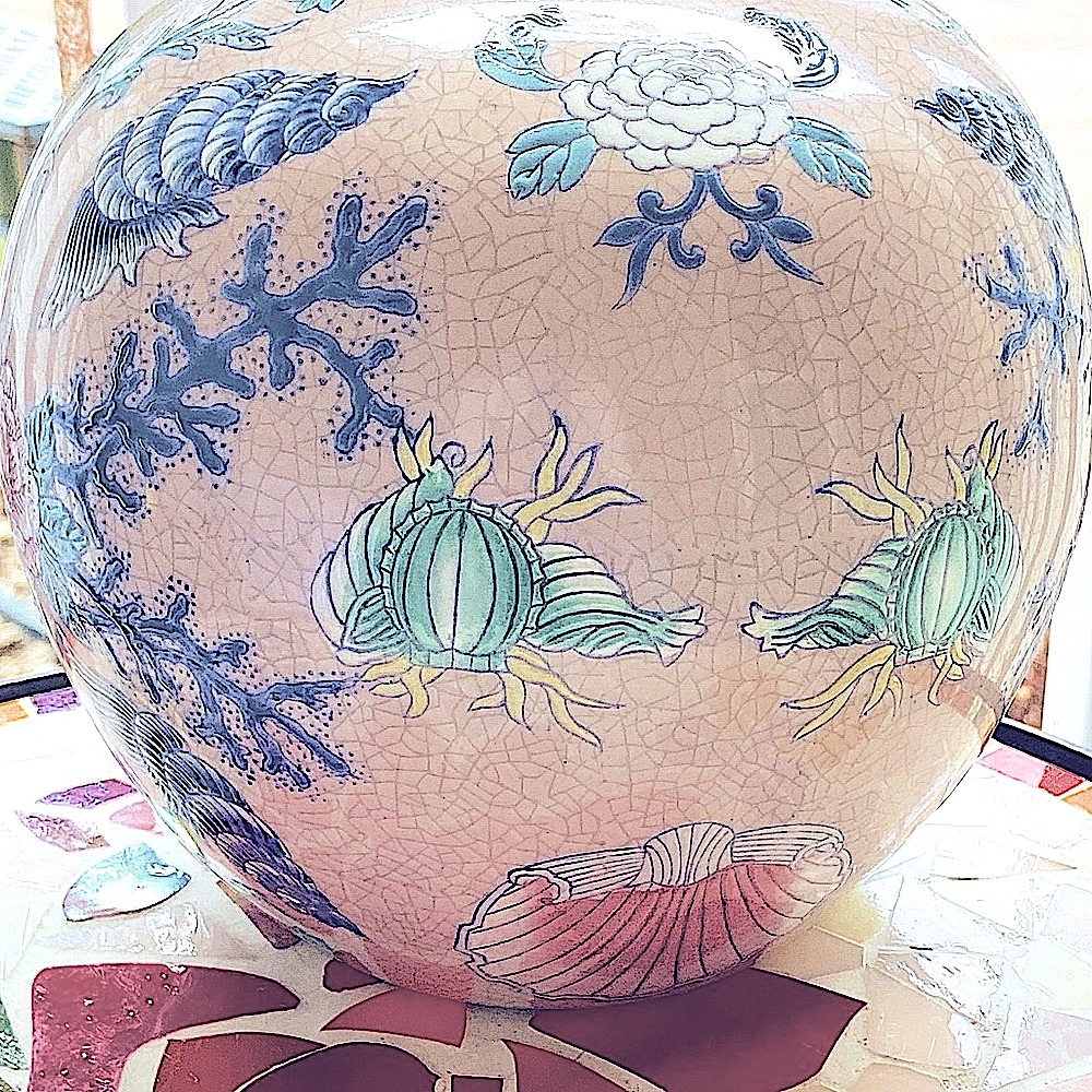 Gorgeous Old Vase-Asian Style, Globe Shaped, Pastel Blues, Green, Peach, Yellow - Picture 7 of 16
